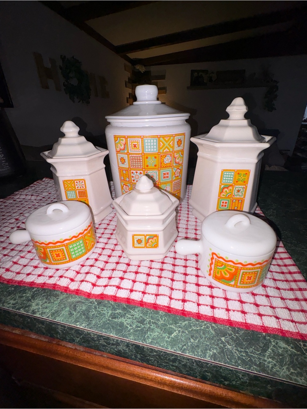 Avon White Ceramic Canister Set with Orange and Yellow Tile Pattern